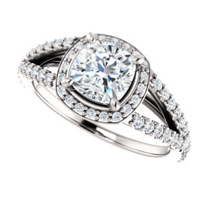 Cubic Zirconia Engagement Ring- The Azul (Customizable Cushion Cut Style with Cathedral-Halo and Split-Pavé Band)