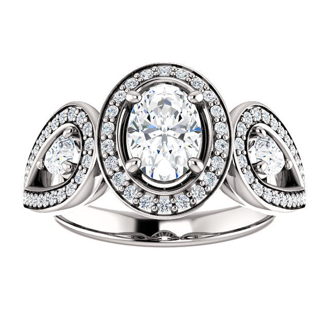 Cubic Zirconia Engagement Ring- The Luz Marie (Customizable Halo-style Oval Cut with Split-Pavé Band & Pear Accents)