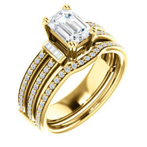 CZ Wedding Set, featuring The Kaitlyn engagement ring (Customizable Emerald Cut with Flanking Baguettes And Round Channel Accents)