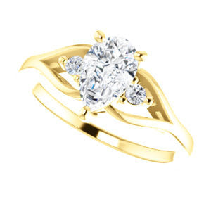 Cubic Zirconia Engagement Ring- The Willie Jo (Customizable 3-stone Pear Cut Design with Small Round Cut Accents and Decorative Cathedral Trellis)