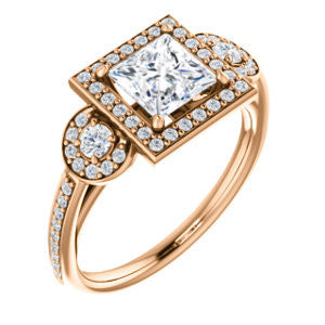 Cubic Zirconia Engagement Ring- The Téa (Princess Cut Customizable 3-Stone Cathedral-Halo with Accented Band)