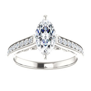 Cubic Zirconia Engagement Ring- The Jamiyah (Customizable Marquise Cut Design with Decorative Trellis Engraving and Pavé Band)