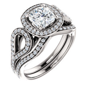 Cubic Zirconia Engagement Ring- The Roya (Customizable Cathedral-Halo Cushion Cut Design with Wide Ribbon-inspired Split-Pavé Band)