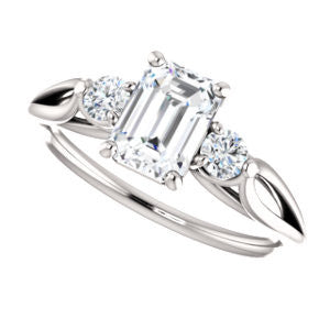 Cubic Zirconia Engagement Ring- The Mahlia (Customizable 3-stone Design with Emerald Cut Center, Round Accents and Split Band)