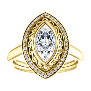 Cubic Zirconia Engagement Ring- The Bessie (Customizable Cathedral-Bezel Marquise Cut Design with Flowery Filigree and Halo)
