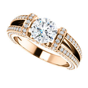 Cubic Zirconia Engagement Ring- The Scarlett (Round Cut with Prong-Accented Bar Basket and Split Pavé Band)