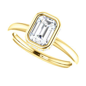 Cubic Zirconia Engagement Ring- The Zakiya (Customizable Bezel-set Emerald Cut Design with Filigree Fleur-de-Lis Trellis & Under-Halo Accents)