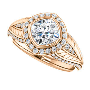 Cubic Zirconia Engagement Ring- The Mary Jane (Customizable Bezel-Halo Cushion Cut Design with Wide Filigree & Accent Band)