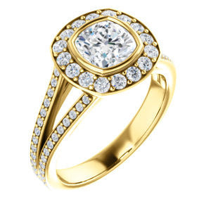 CZ Wedding Set, featuring The Maricela engagement ring (Customizable Bezel-Halo Cushion Cut Ring with Wide Tapered Pavé Split Band & Decorative Trellis)