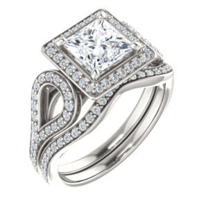 Cubic Zirconia Engagement Ring- The Roya (Customizable Cathedral-Halo Princess Cut Design with Wide Ribbon-inspired Split-Pavé Band)
