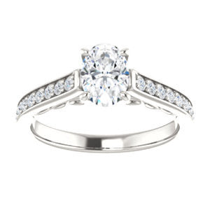Cubic Zirconia Engagement Ring- The Jamiyah (Customizable Oval Cut Design with Decorative Trellis Engraving and Pavé Band)