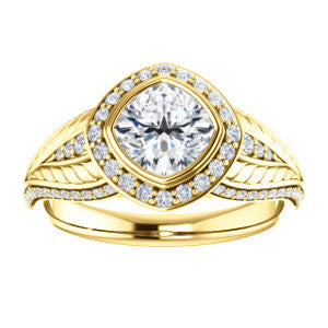 Cubic Zirconia Engagement Ring- The Mary Jane (Customizable Bezel-Halo Cushion Cut Design with Wide Filigree & Accent Band)