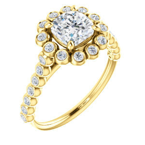 Cubic Zirconia Engagement Ring- The Maritere (Customizable Cushion Cut style with Round-Bezel Floral Halo and Accented Band)