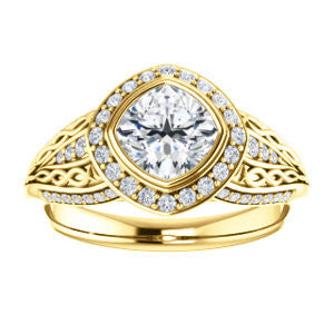 Cubic Zirconia Engagement Ring- The Tisha (Customizable Bezel-Halo Cushion Cut Design with Wide Filigree & Accent Band)
