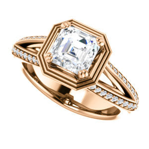 Cubic Zirconia Engagement Ring- The Reina (Customizable Ridged-Bevel Surrounded Asscher Cut with 3-sided Split-Pavé Band)