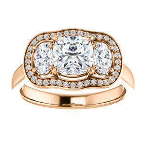 Cubic Zirconia Engagement Ring- The Nettie (Customizable Enhanced 3-stone Halo-Surrounded Design with Cushion Cut Center, Dual Oval Cut Accents, and Decorative Pavé-Accented Trellis)