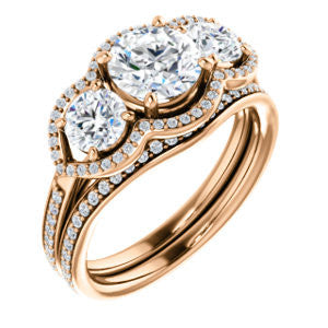 CZ Wedding Set, featuring The Lizabeth engagement ring (Customizable Round Cut Enhanced 3-stone Style with Tri-Halos & Thin Pavé Band)
