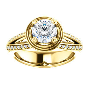 Cubic Zirconia Engagement Ring- The Reina (Customizable Ridged-Bevel Surrounded Round Cut with 3-sided Split-Pavé Band)