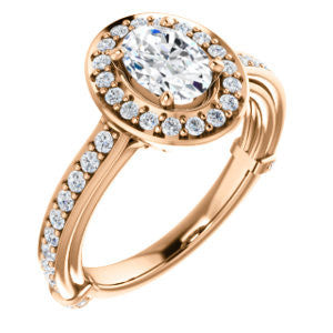 Cubic Zirconia Engagement Ring- The Sally (Customizable Halo-Oval Cut Design with Round Side Knuckle and Pavé Band Accents)