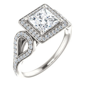 Cubic Zirconia Engagement Ring- The Roya (Customizable Cathedral-Halo Princess Cut Design with Wide Ribbon-inspired Split-Pavé Band)