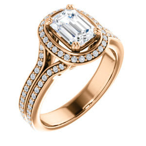 Cubic Zirconia Engagement Ring- The Mia Sofía (Customizable Cathedral-Halo Emerald Cut Style with Wide Split-Pavé Band)