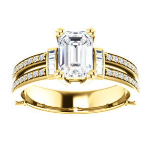 Cubic Zirconia Engagement Ring- The Kaitlyn (Customizable Emerald Cut with Flanking Baguettes And Round Channel Accents)