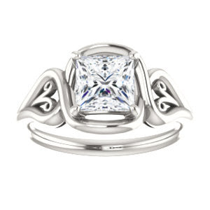 Cubic Zirconia Engagement Ring- The Bentley (Customizable Princess Cut Solitaire with Wide Tapered Band and Side Engraving Motif)