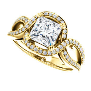 Cubic Zirconia Engagement Ring- The Goldie (Customizable Princess Cut Center with Twisty Split-Pavé Band and Artisan Halo)
