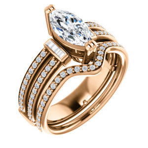CZ Wedding Set, featuring The Kaitlyn engagement ring (Customizable Marquise Cut with Flanking Baguettes And Round Channel Accents)