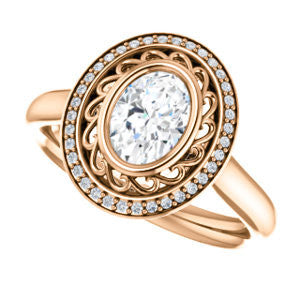 Cubic Zirconia Engagement Ring- The Bessie (Customizable Cathedral-Bezel Oval Cut Design with Flowery Filigree and Halo)
