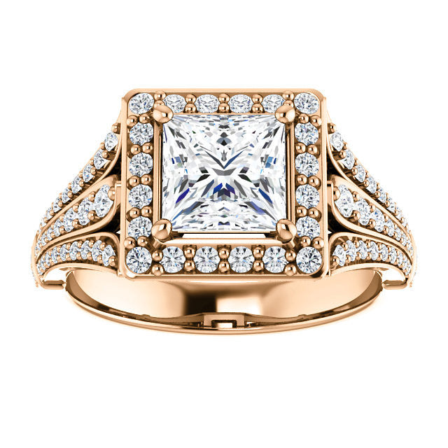Cubic Zirconia Engagement Ring- The Frannie (Customizable Princess Cut Style with Halo and Tri-Split Pavé Band)