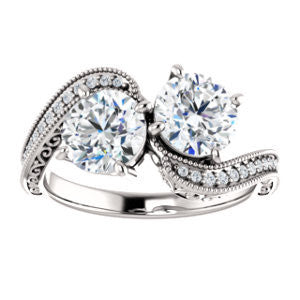 Cubic Zirconia Engagement Ring- The Aylen (Customizable Enhanced 2-stone Round Cut Artisan Design with 3-sided Filigree and Pavé Band)