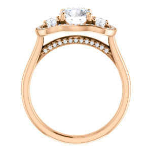 Cubic Zirconia Engagement Ring- The Nettie (Customizable Enhanced 3-stone Halo-Surrounded Design with Round Cut Center, Dual Oval Cut Accents, and Decorative Pavé-Accented Trellis)
