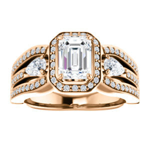 Cubic Zirconia Engagement Ring- The Tricia (Customizable Emerald Cut Ultrawide Split-Pavé-Band Design with Halo & Dual Pear Cut Accents)