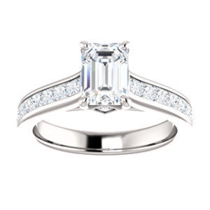 Cubic Zirconia Engagement Ring- The Rhea (Customizable Cathedral-raised Emerald Cut Design with Princess Channel Band and Kite-set Princess Peekaboo Accents)