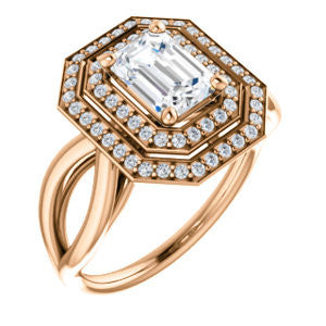 Cubic Zirconia Engagement Ring- The Magda Lesli (Customizable Double-Halo Style Emerald Cut with Curving Split Band)