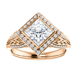 Cubic Zirconia Engagement Ring- The Tisha (Customizable Bezel-Halo Princess Cut Design with Wide Filigree & Accent Band)