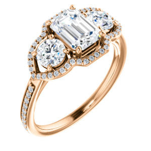 Cubic Zirconia Engagement Ring- The Lizabeth (Customizable Emerald Cut Enhanced 3-stone Style with Tri-Halos & Thin Pavé Band)