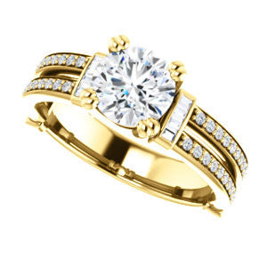 CZ Wedding Set, featuring The Kaitlyn engagement ring (Customizable Round Cut with Flanking Baguettes And Round Channel Accents)