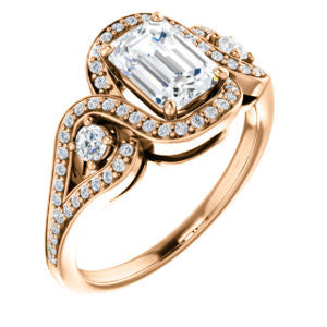 Cubic Zirconia Engagement Ring- The Sofía Anna (Customizable Emerald Cut Design with Dual Round Accents, Twisted Halo and Pavé Split Band)