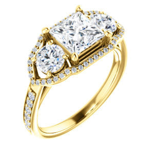 Cubic Zirconia Engagement Ring- The Hadley (Customizable Princess Cut 3-stone Design Enhanced By Halo and Pavé)