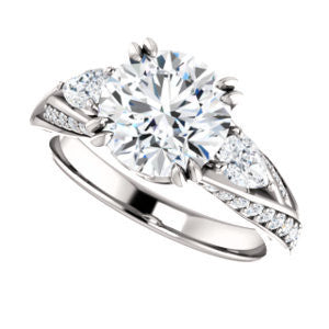 Cubic Zirconia Engagement Ring- The Jackie (Customizable Round Center with Flanking Pear Accents and Pavé Band)