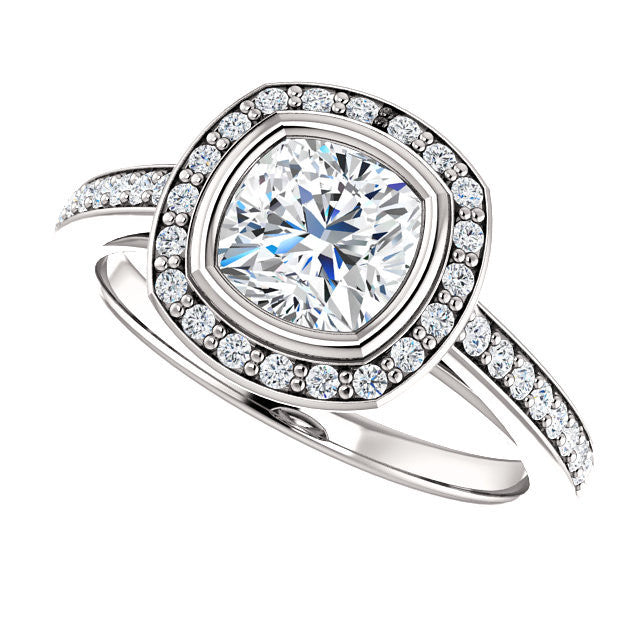 Cubic Zirconia Engagement Ring- The Samira (Customizable Halo-style Cushion Cut with Under-Halo Trellis and Thin Pavé Band)