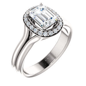 Cubic Zirconia Engagement Ring- The Bebi (Customizable Cathedral-Halo Emerald Cut Design with Wide Split Band)