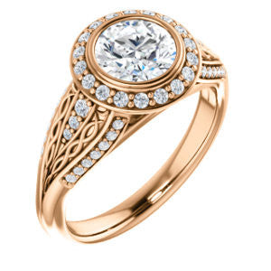 Cubic Zirconia Engagement Ring- The Tisha (Customizable Bezel-Halo Round Cut Design with Wide Filigree & Accent Band)