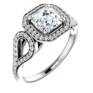 Cubic Zirconia Engagement Ring- The Roya (Customizable Cathedral-Halo Asscher Cut Design with Wide Ribbon-inspired Split-Pavé Band)