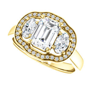 Cubic Zirconia Engagement Ring- The Nettie (Customizable Enhanced 3-stone Halo-Surrounded Design with Emerald Cut Center, Dual Oval Cut Accents, and Decorative Pavé-Accented Trellis)