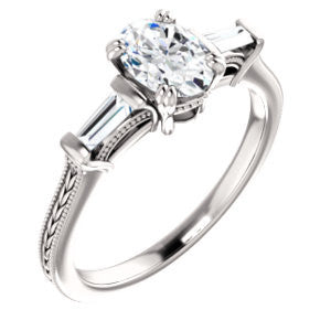 Cubic Zirconia Engagement Ring- The Kimiko (Customizable 3-stone Oval Cut Design with Baguette Accents and Thin Wheat-Filigree Band)