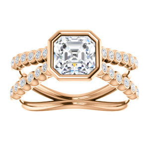 Cubic Zirconia Engagement Ring- The Lottie (Customizable Asscher Cut Design featuring Wide Beaded Split Band with Round Bezel-set Accents)