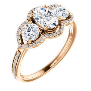 Cubic Zirconia Engagement Ring- The Lizabeth (Customizable Oval Cut Enhanced 3-stone Style with Tri-Halos & Thin Pavé Band)